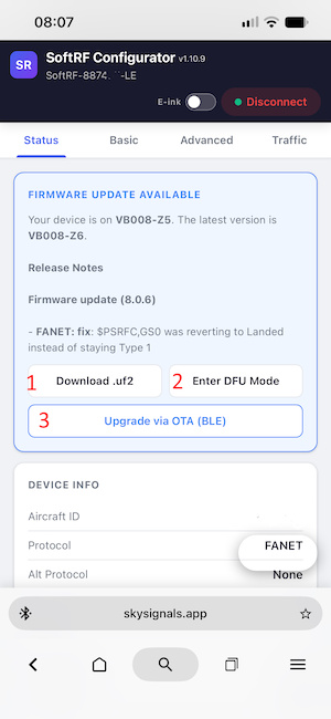 Firmware update available card on the Configurator Status page
