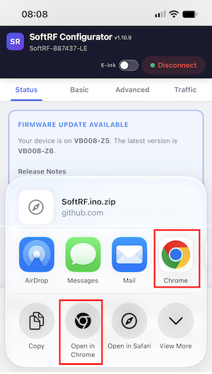 Share sheet with Open in Chrome highlighted