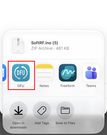 Open in menu with DFU app highlighted