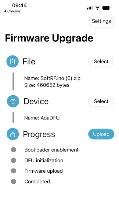 DFU app with firmware file and AdaDFU device selected, ready to upload